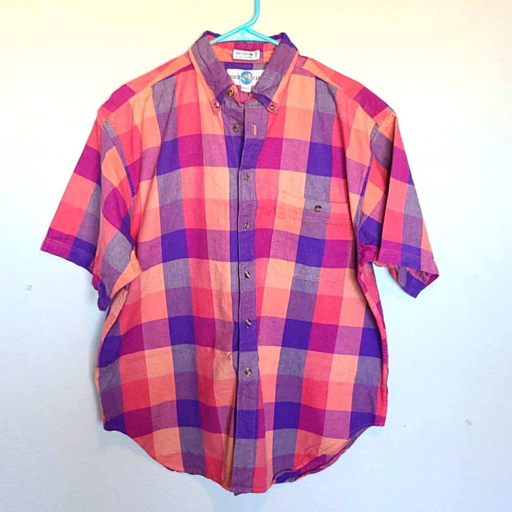 VTG World's Island 1980/1990s Plaid Purple/Pink Shades Short Sleeve Size XL